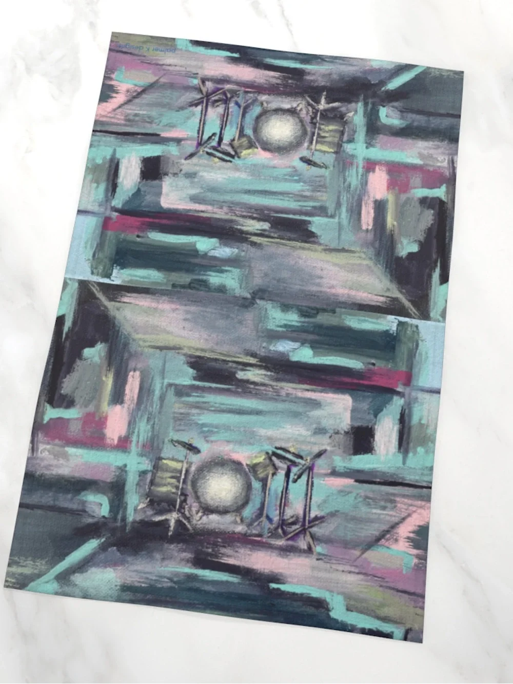 Tea towel with Abstract Drum Set Art in aqua, navy and Pink